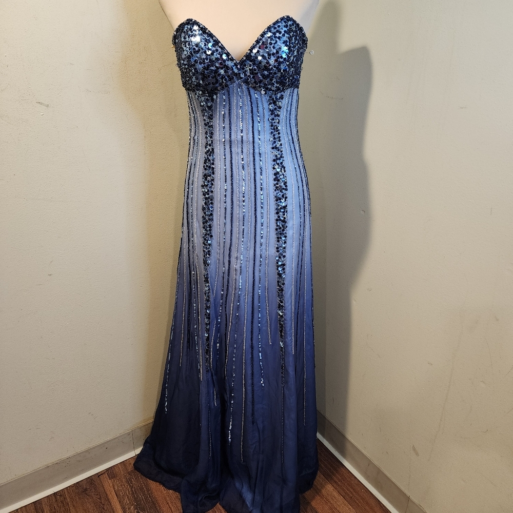 Jovani Navy and Silver Sequin Strapless Prom Gown